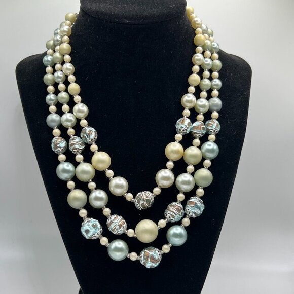 Jewelry - Vintage Baby Blue and White 3 Strands Pearl Beads Choker Necklace